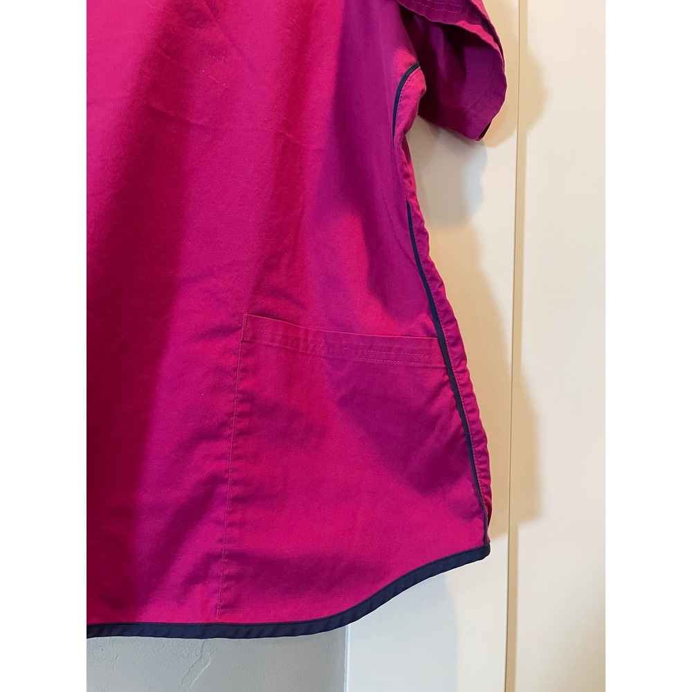 Butter-Soft Stretch Womens Scrub Top Pink Navy Trim V-Neck 2X Medical Uniform - Picture 6 of 12